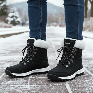 Black winter boots with white fur lining worn by a person on a snowy ground.