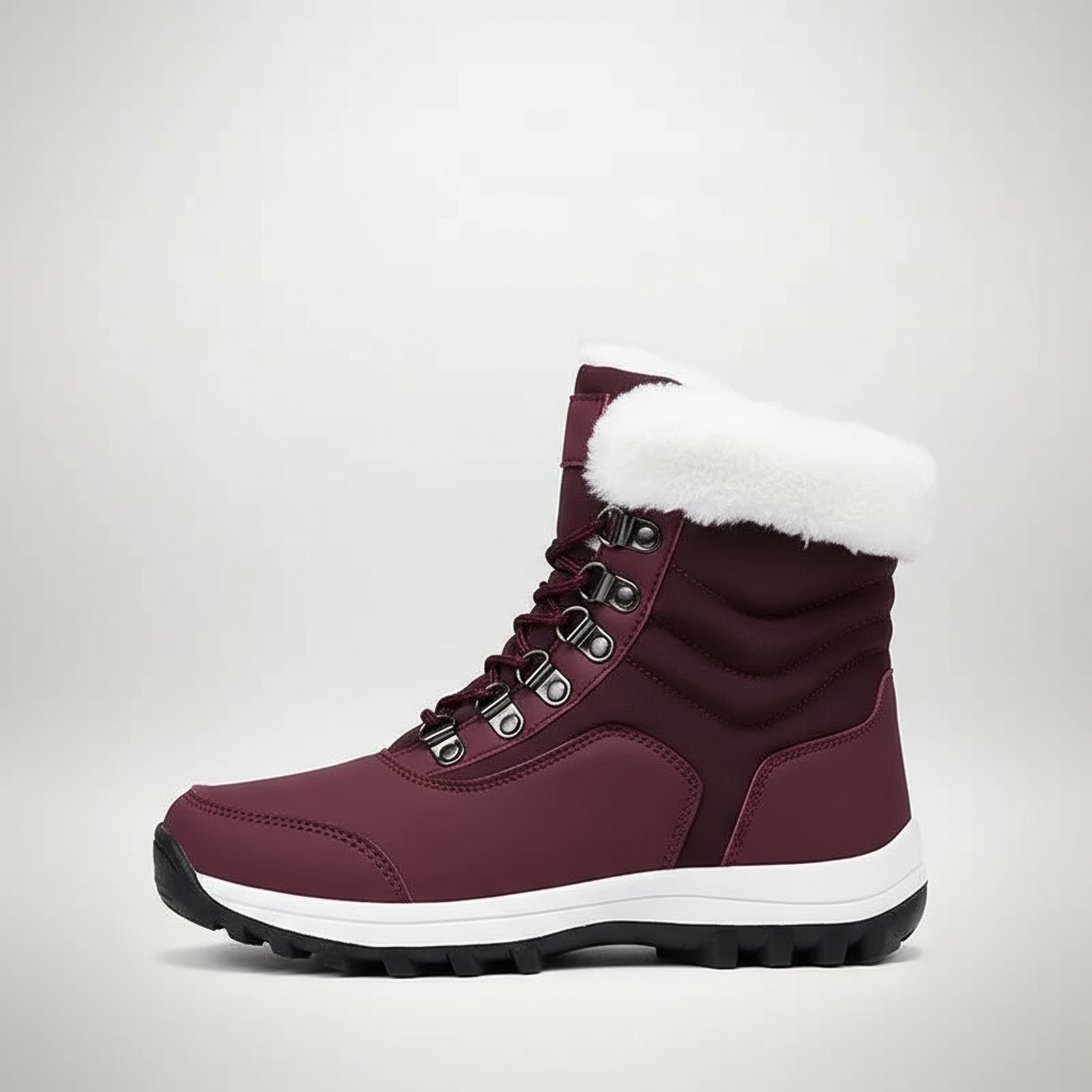 Maroon winter boot with white fur lining on a light gray background