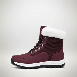 Maroon winter boot with white fur lining on a light gray background
