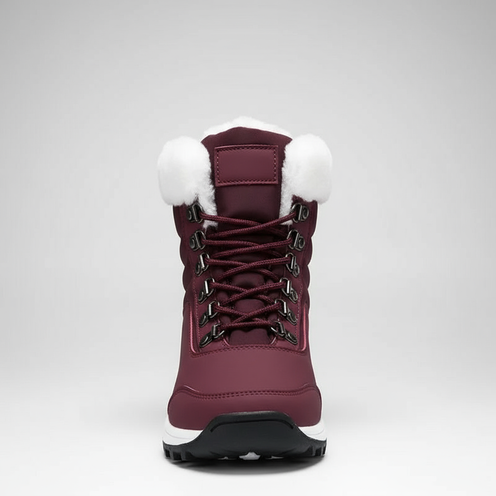 Maroon winter boot with white fur lining on a gray background