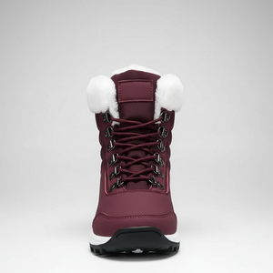 Maroon winter boot with white fur lining on a gray background