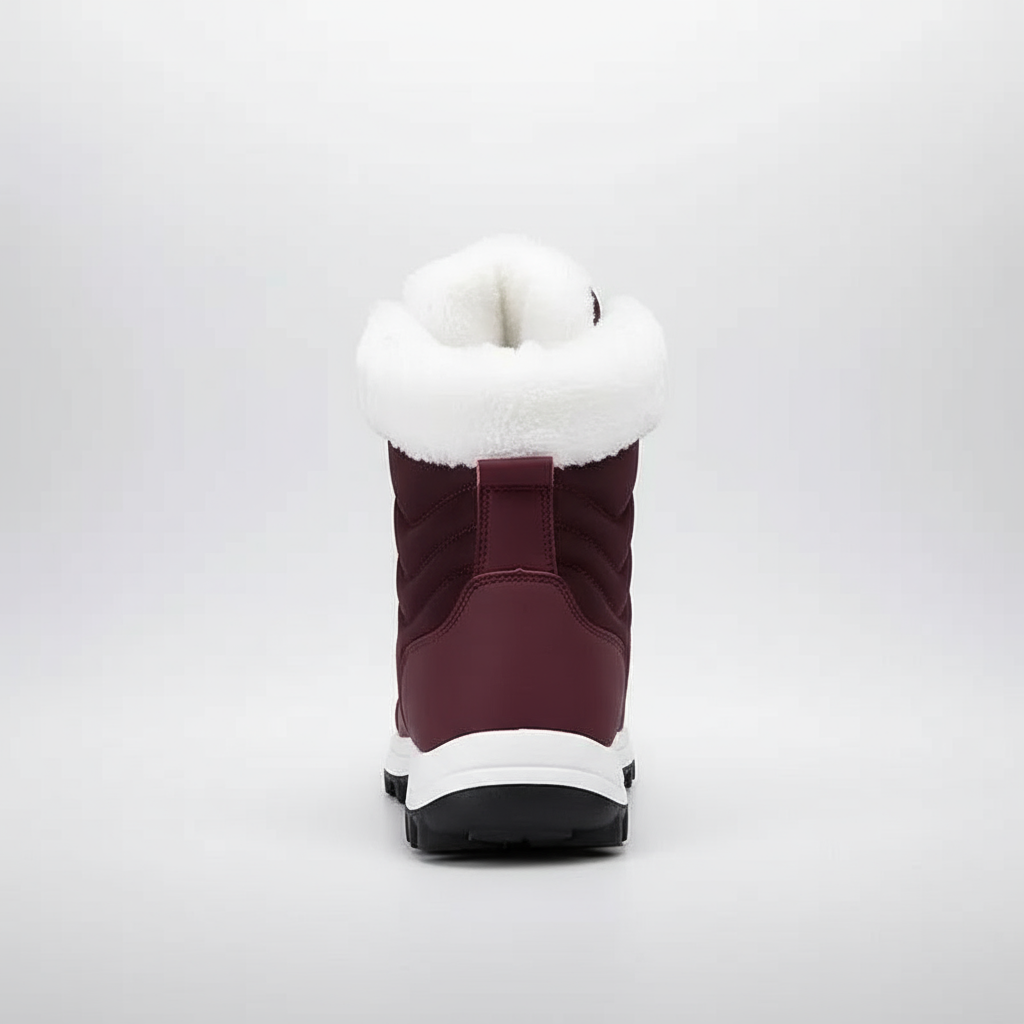 Maroon winter boot with white fur lining on a light gray background