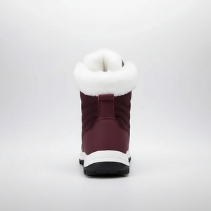 Maroon winter boot with white fur lining on a light gray background