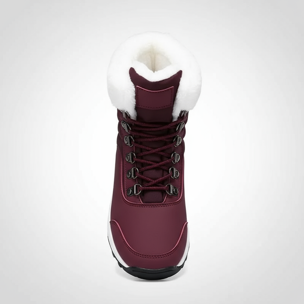 Maroon winter boot with white fur lining on a light gray background