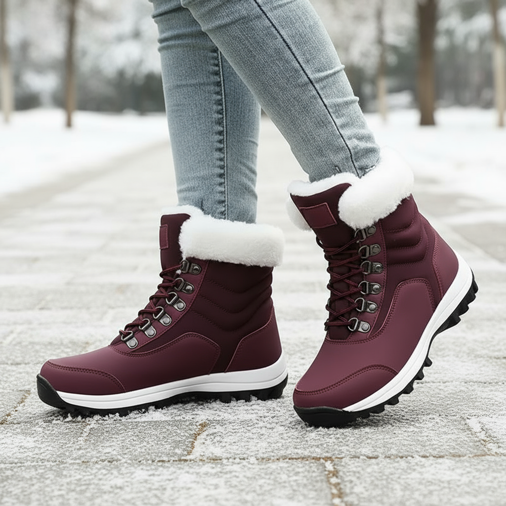 Maroon winter boots with white fur lining worn by a person on a snowy path.