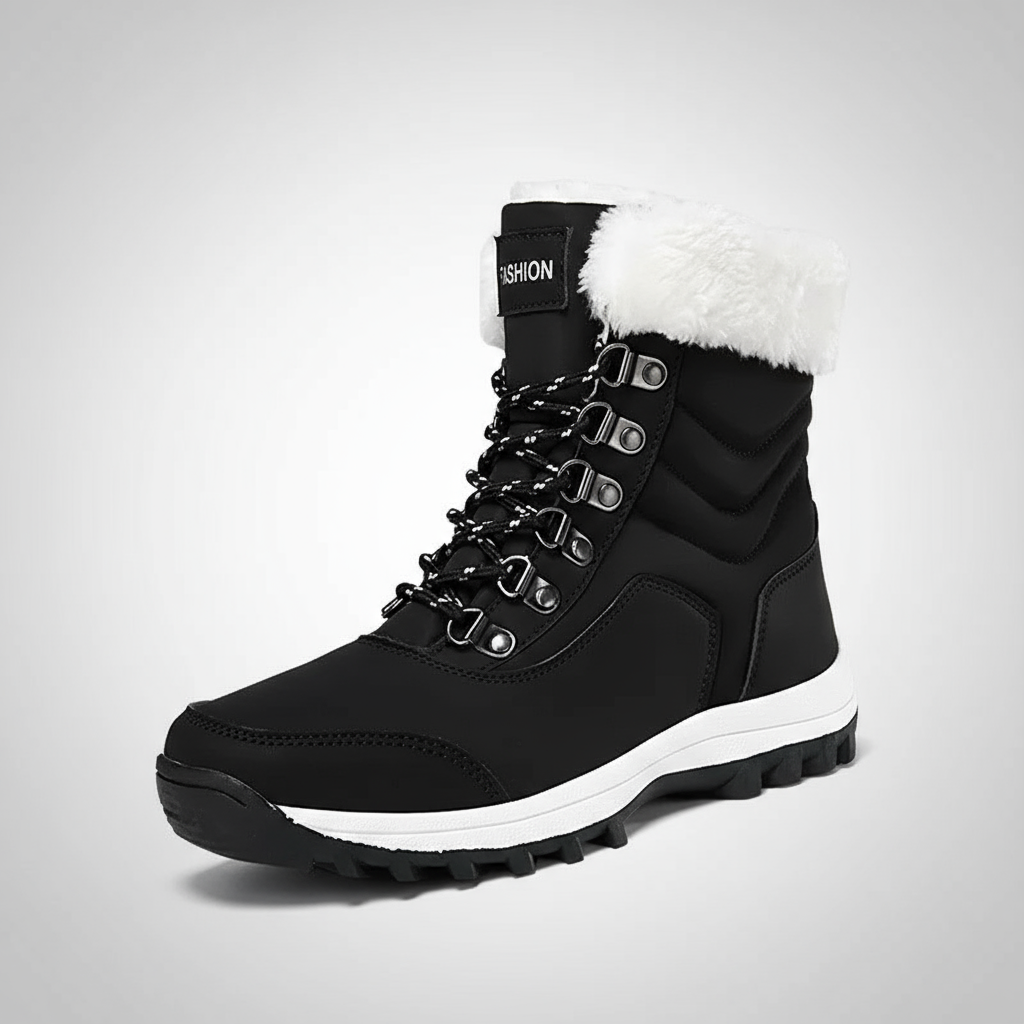 Black winter boot with white fur lining on a gray background