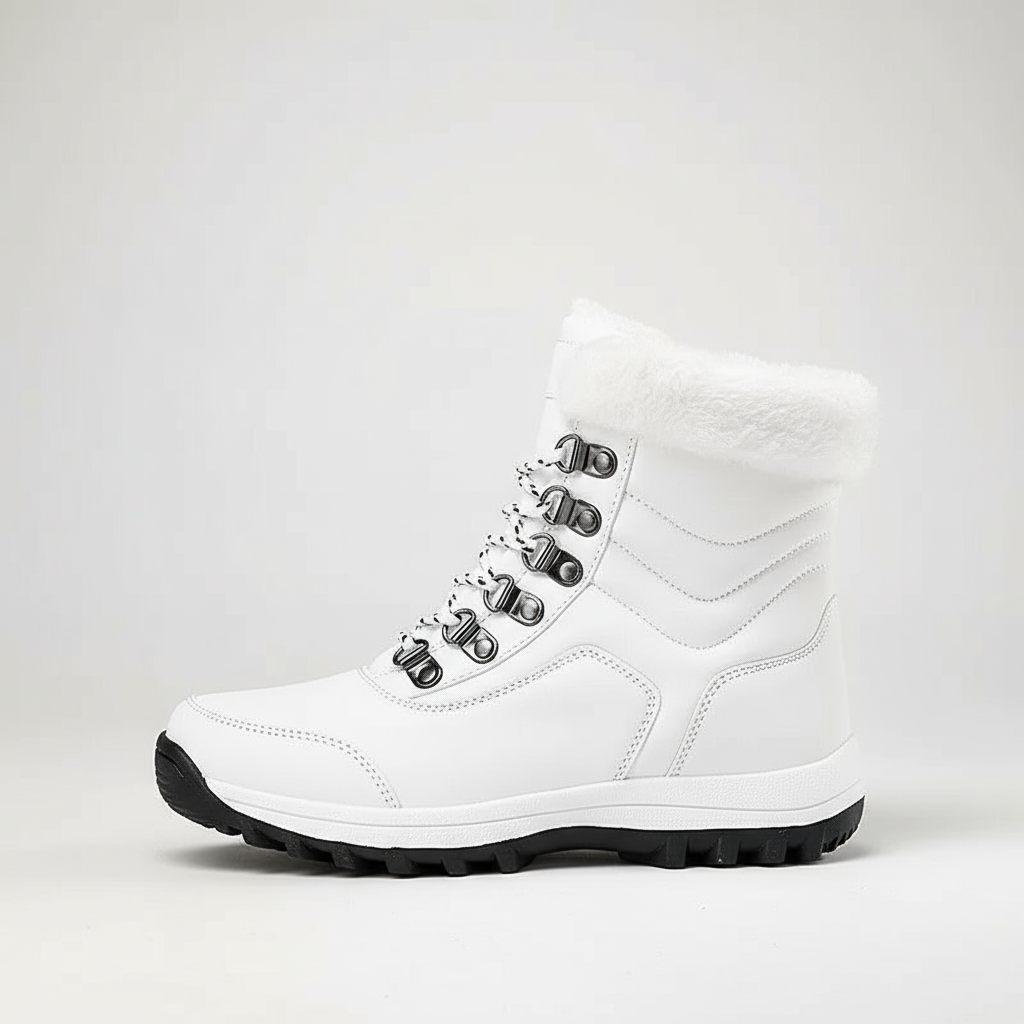 White winter boot with fur lining on a light gray background