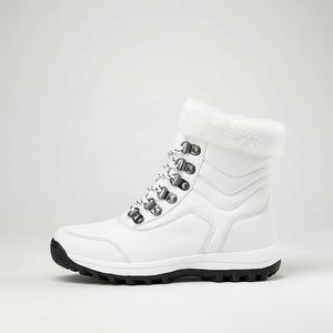 White winter boot with fur lining on a light gray background