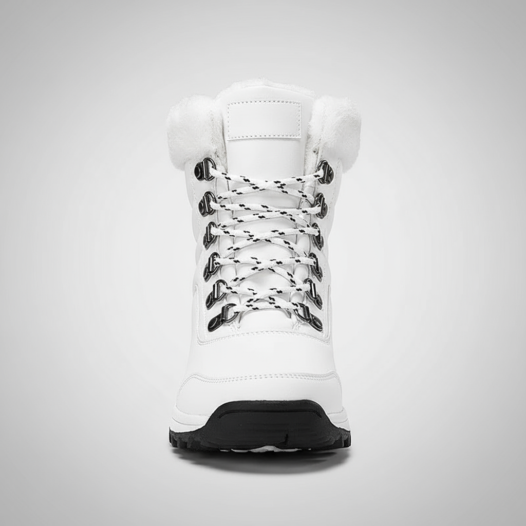 White winter boot with black sole on a light gray background