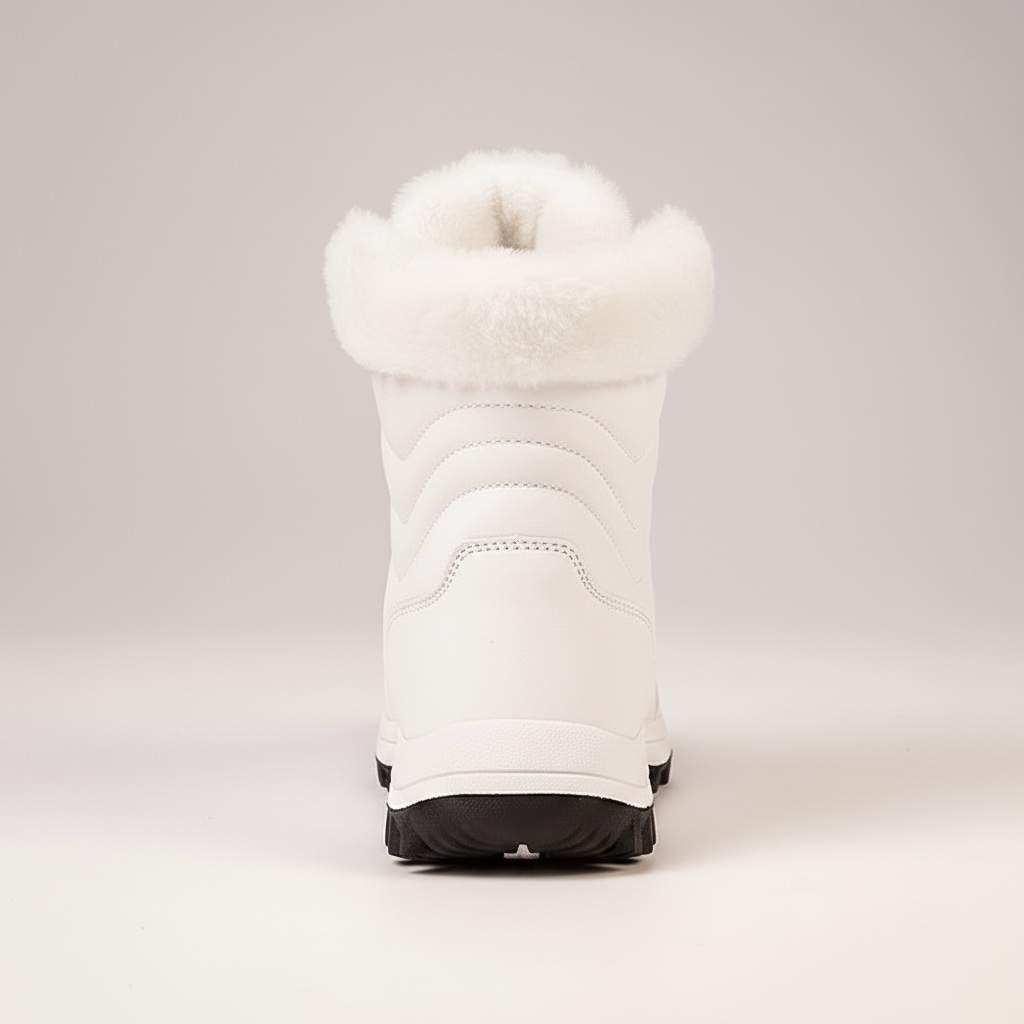 White winter boot with fur lining on a light gray background