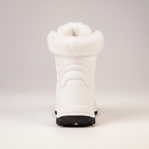 White winter boot with fur lining on a light gray background