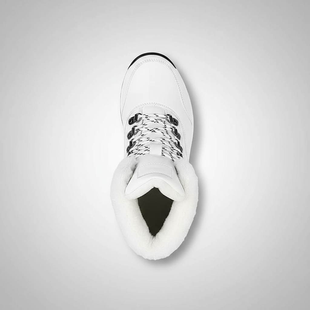 White high-top sneaker with black pattern on a light gray background