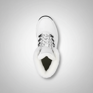 White high-top sneaker with black pattern on a light gray background