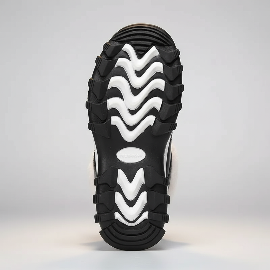 Black and white sandal sole with wavy pattern on a light gray background