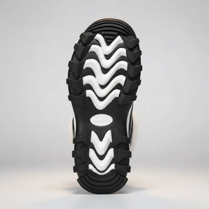 Black and white sandal sole with wavy pattern on a light gray background