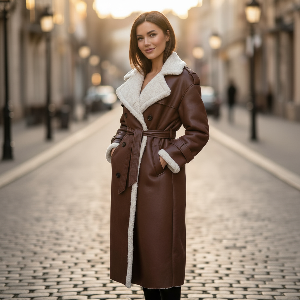 Woman wearing a brown coat with white fur trim on a city street.