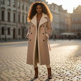 Woman wearing a beige coat with white fur lining on a cobblestone street.