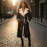 Woman in a black coat with white fur collar standing on a cobblestone street.
