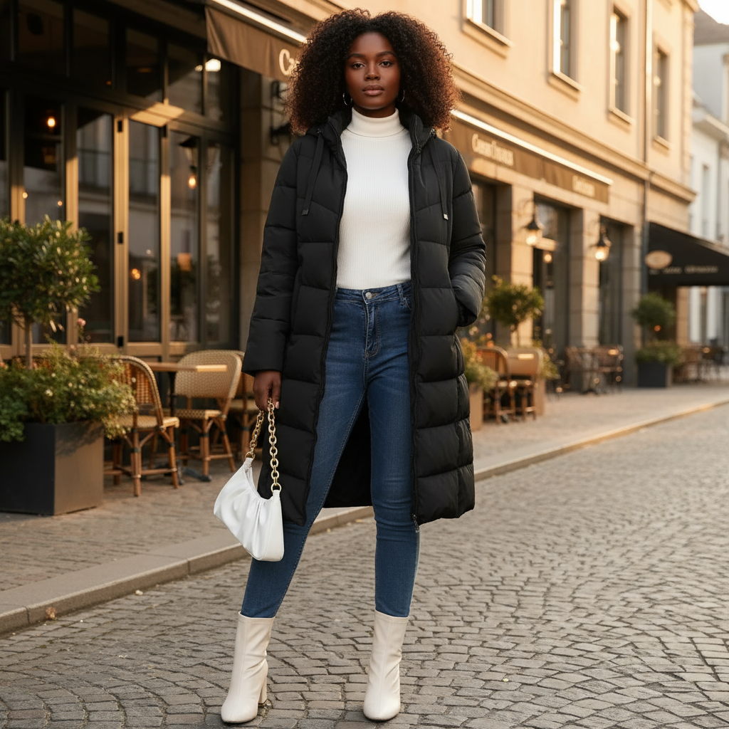 Woman in a black puffer coat and blue jeans standing on a street with buildings and outdoor seating in the background.