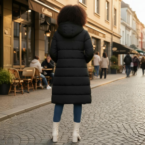Person wearing a black puffer coat walking on a street with people sitting at outdoor tables.