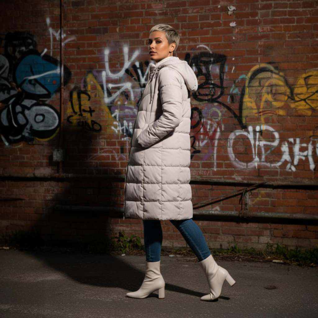 Woman in a long puffer coat walking past a graffiti-covered brick wall.