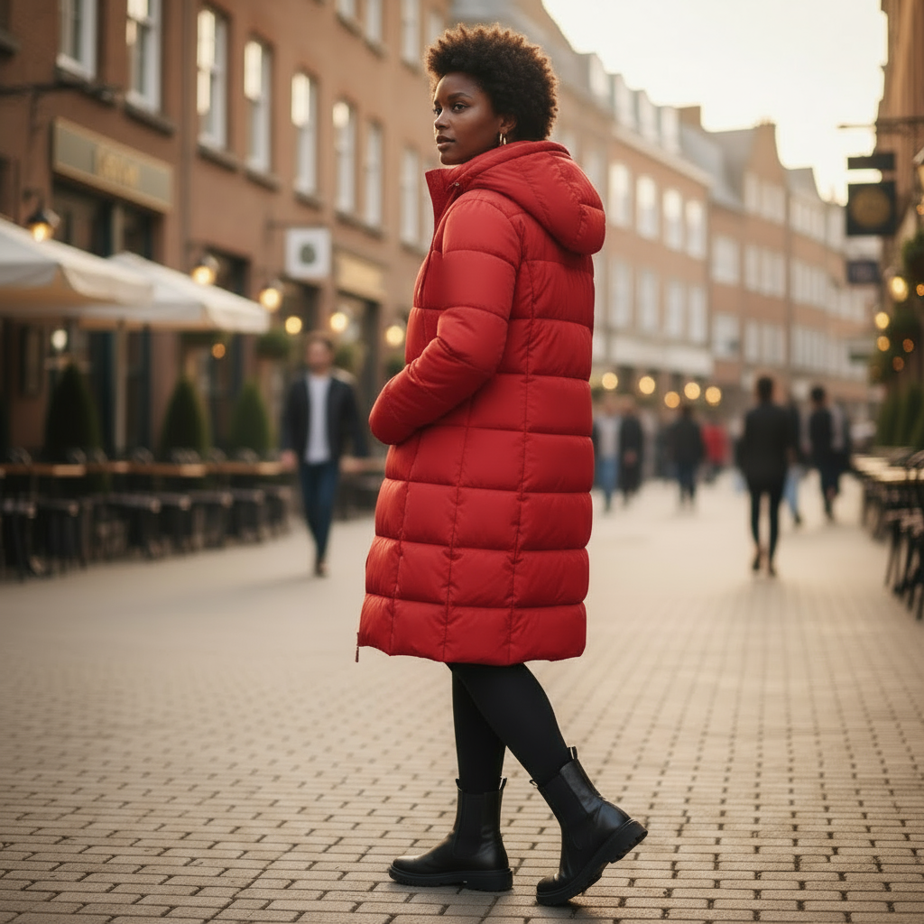 Person wearing a red puffer coat on a city street