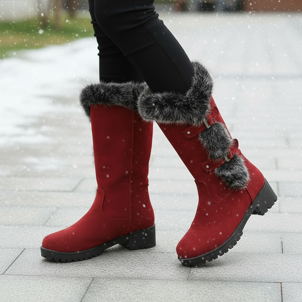 Red winter boots with fur trim on a snowy ground