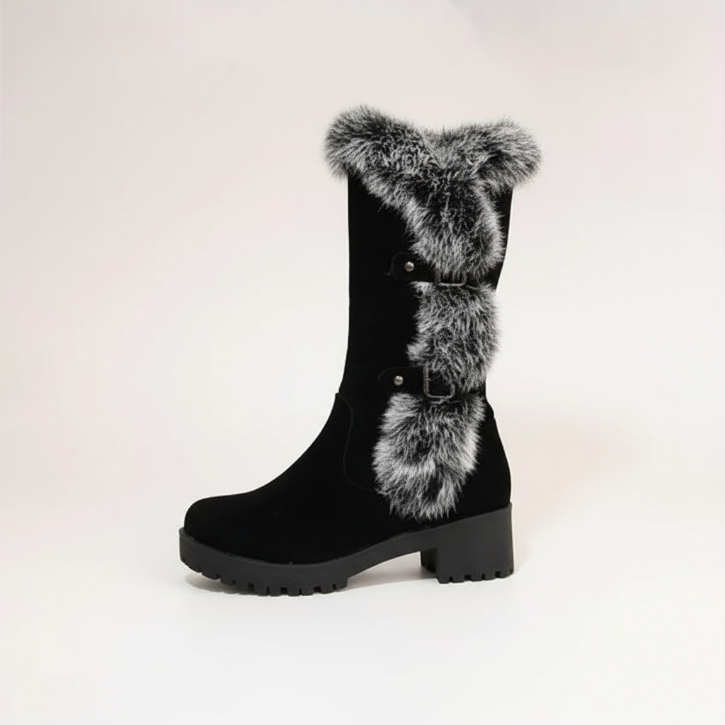 Black knee-high boot with fur accents on a light pink background