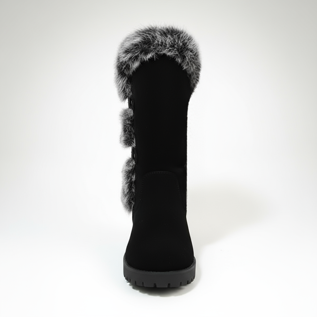 Black winter boot with fur trim on a white background