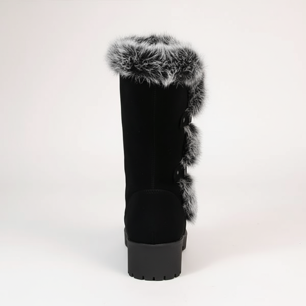Black winter boot with fur trim on a white background