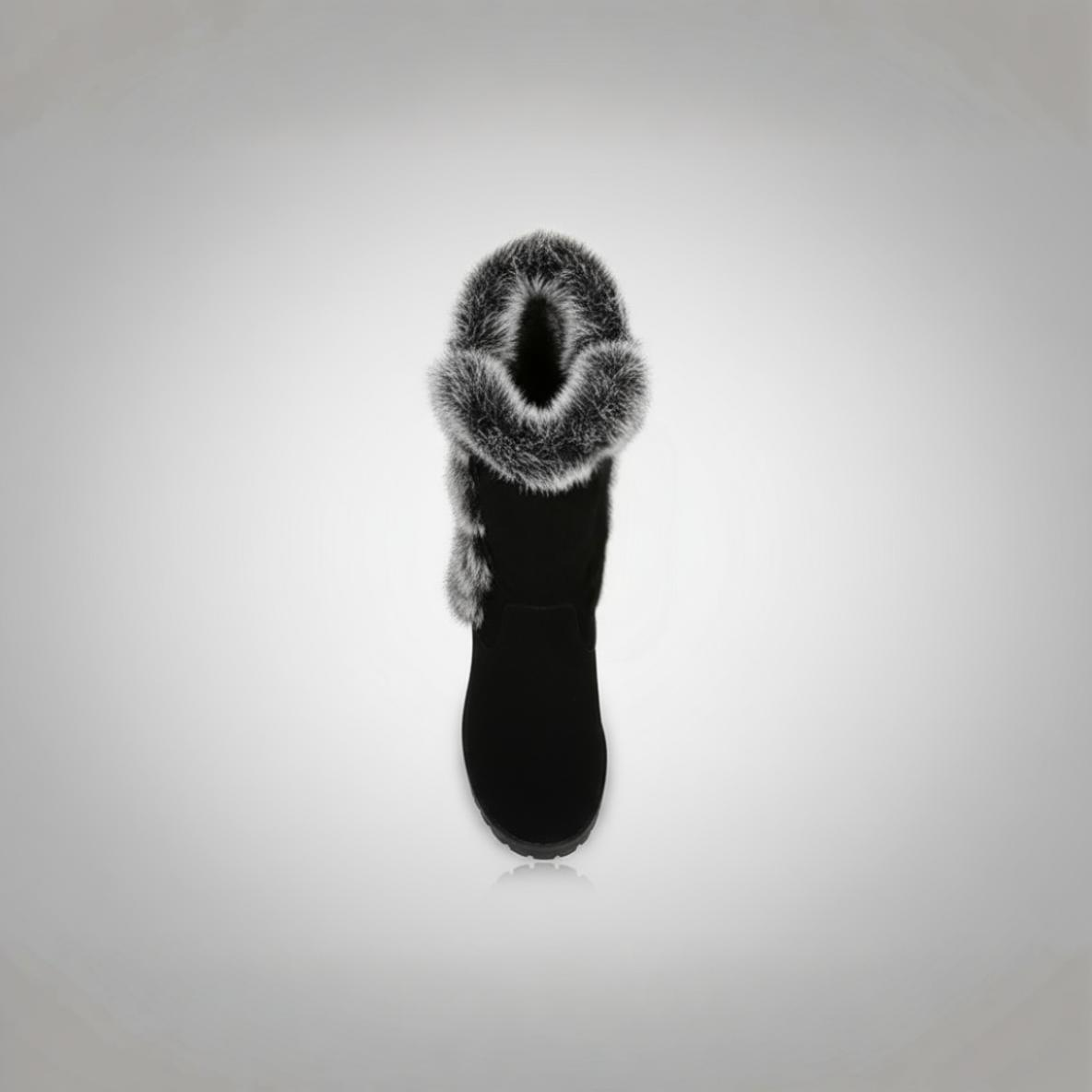 Black sock with gray fuzzy cuff on a light gray background