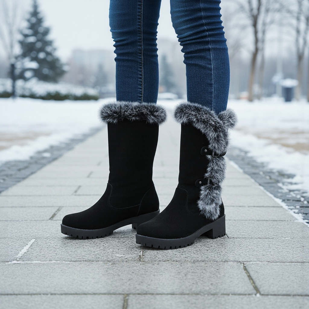 Black winter boots with fur trim worn by a person on a snowy sidewalk.