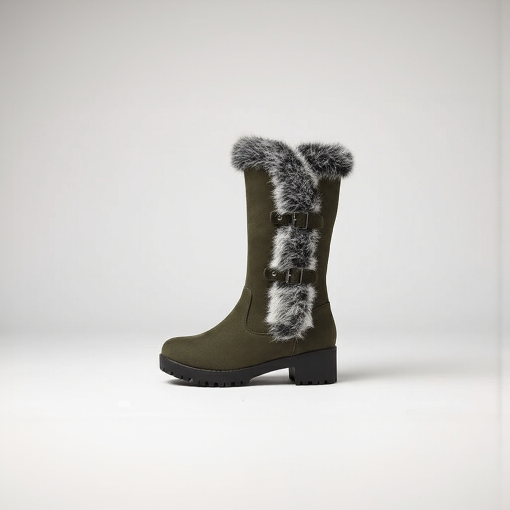 Green winter boot with fur trim on a white background