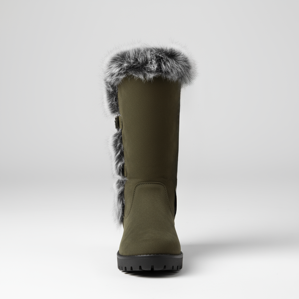 Green winter boot with fur trim on a white background