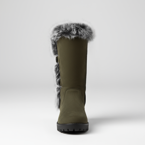 Green winter boot with fur trim on a white background