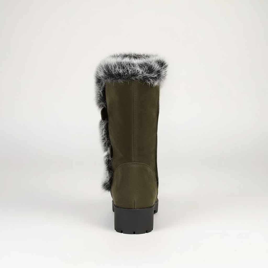 Green boot with fur trim on a white background