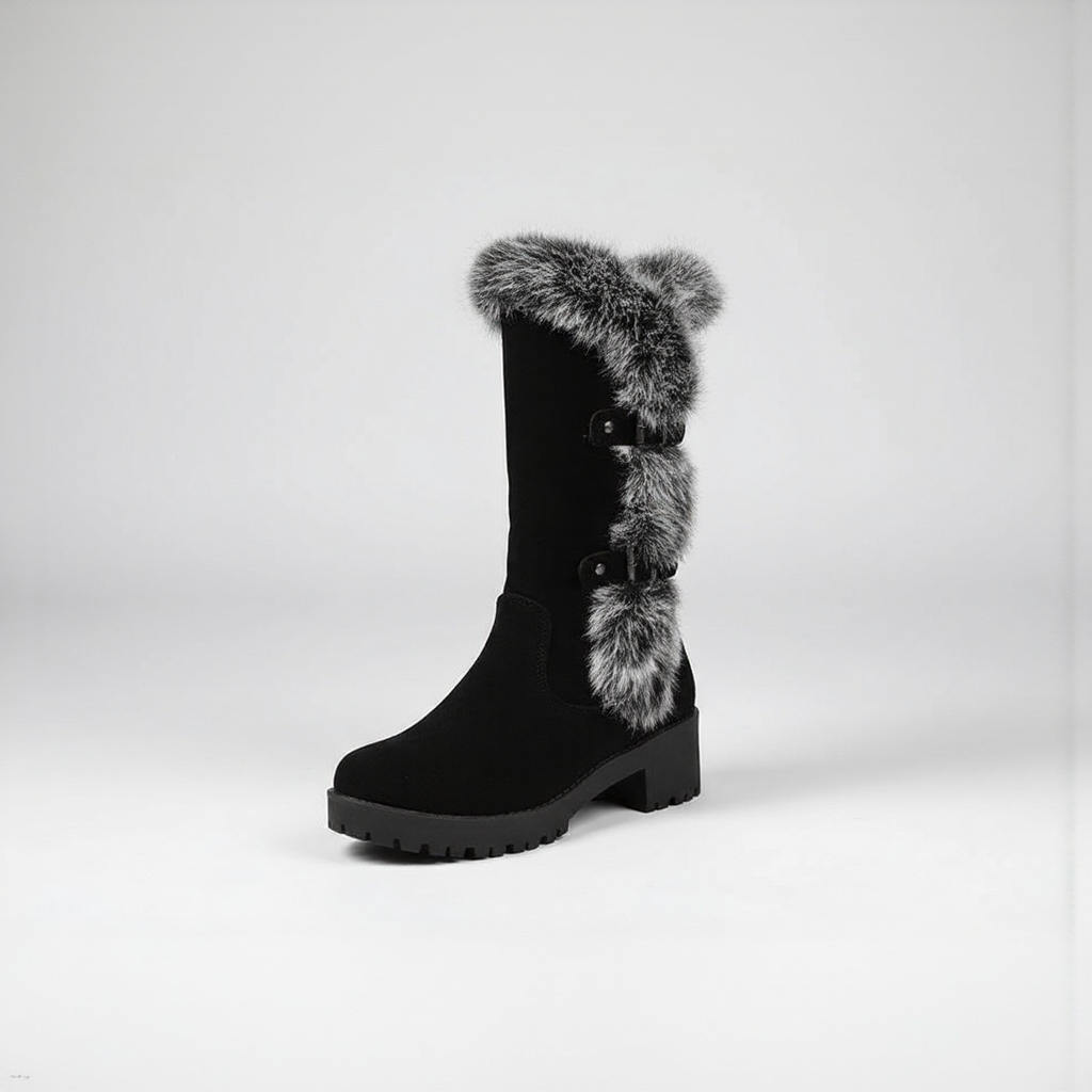Black boot with fur trim on a white background