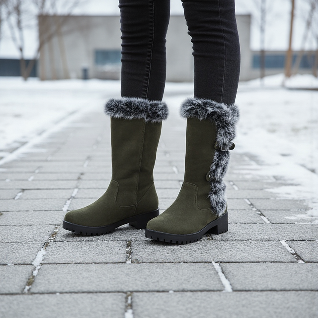 Green winter boots with fur trim worn on a snowy pavement.