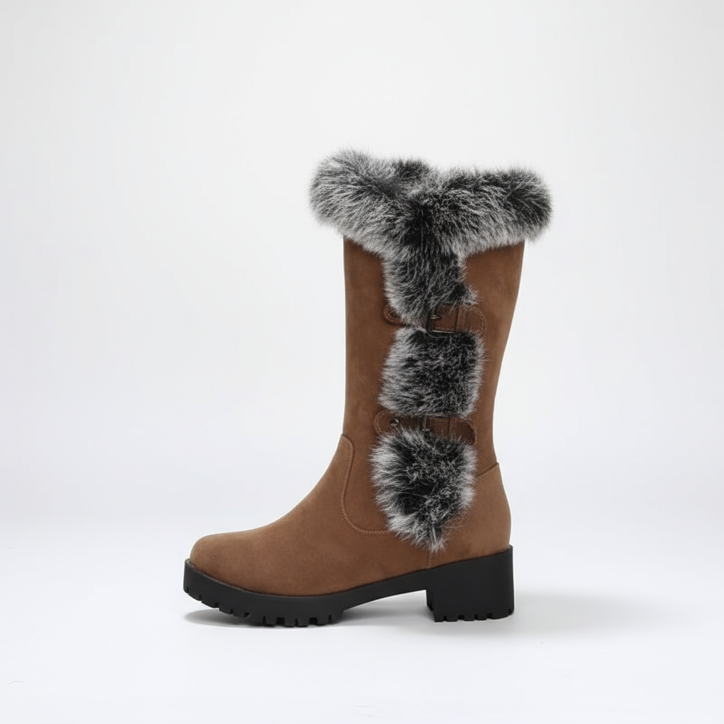 Brown boot with black fur trim on a white background