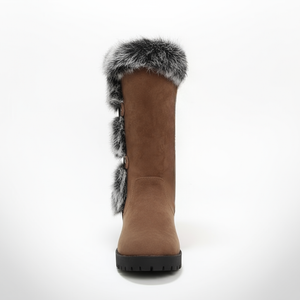 Brown boot with fur trim on a white background