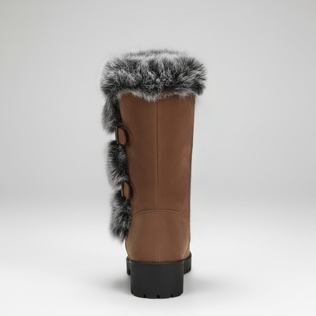Brown boot with fur trim on a white background