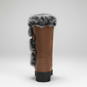 Brown boot with fur trim on a white background