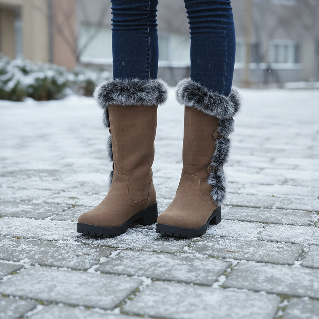 Tan winter boots with fur trim worn on a snowy pavement