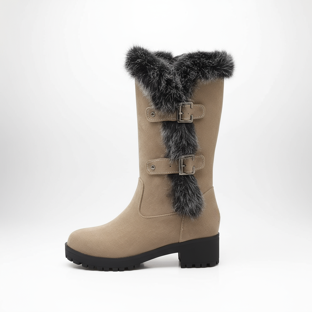 Beige boot with black fur trim on a white background