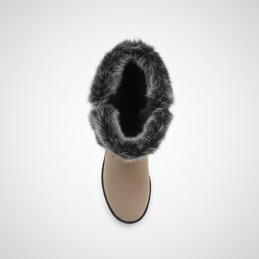 Beige boot with black fur trim on a white background