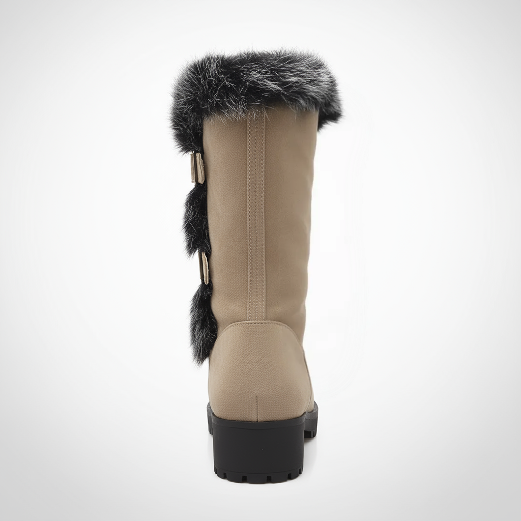 Beige winter boot with fur trim on a white background