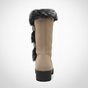 Beige winter boot with fur trim on a white background