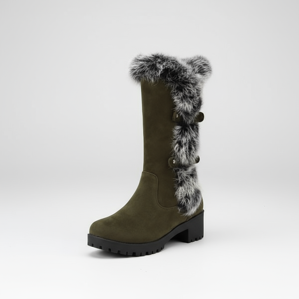Green knee-high boot with fur trim on a white background