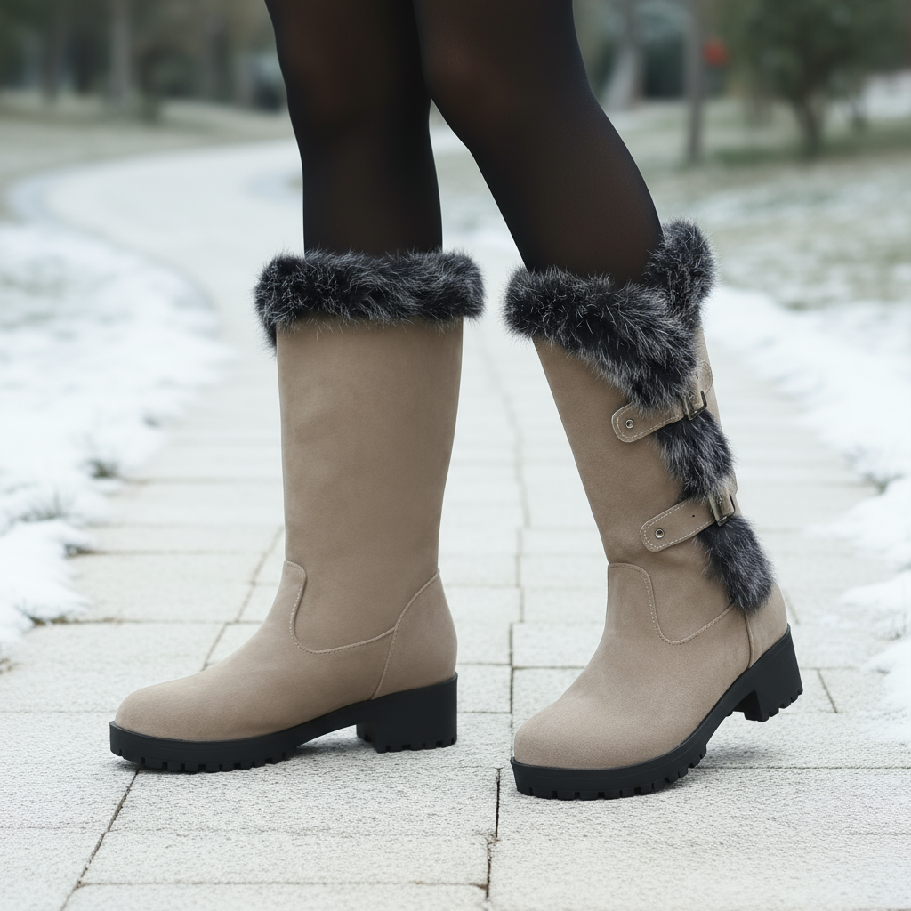 Beige winter boots with fur trim on a snowy ground
