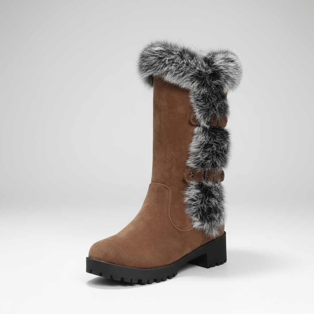 Brown knee-high boot with fur trim on a white background